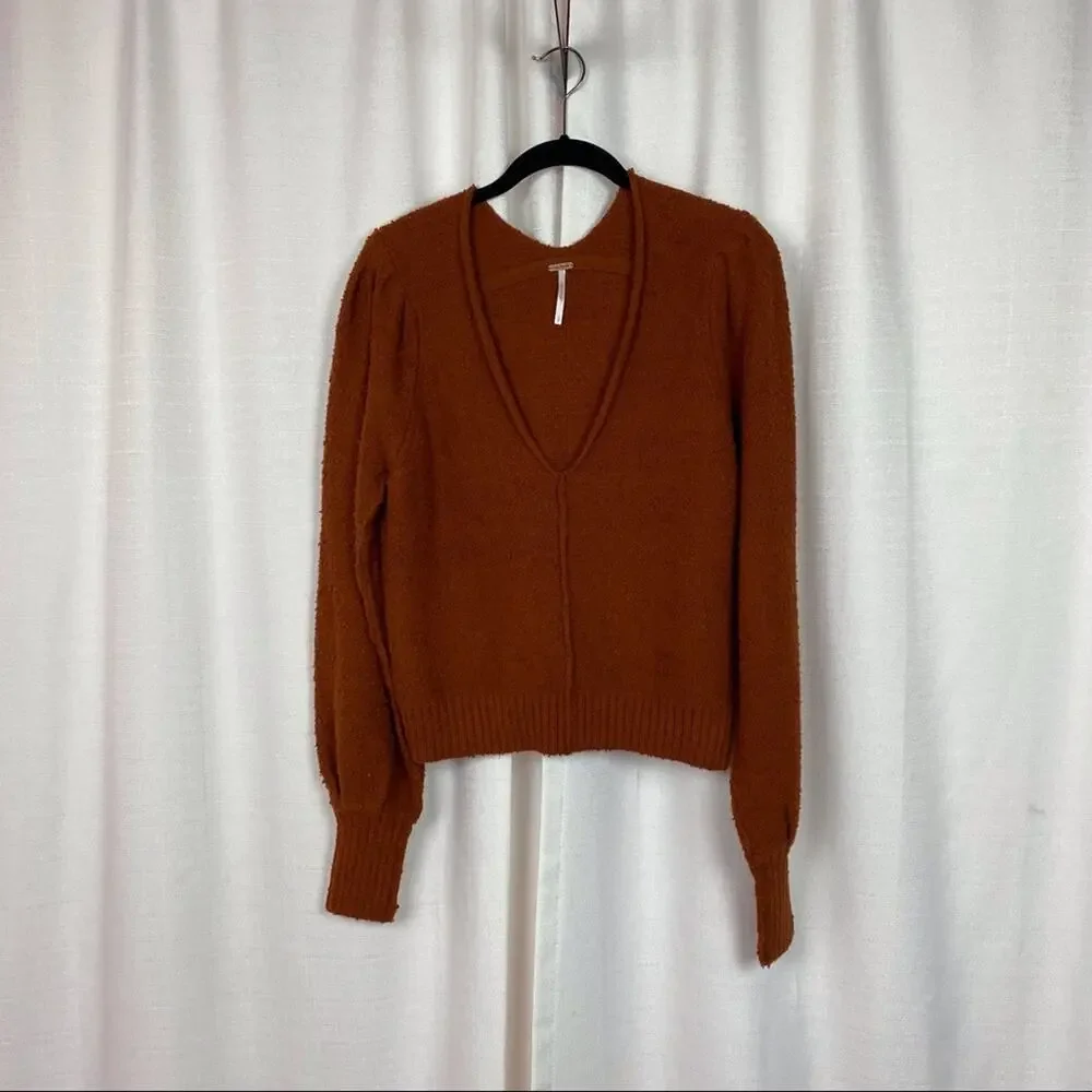 Free People Dark Orange Burnt Butter Reverie V Neck Blouson Sleeve Sweater NWT
